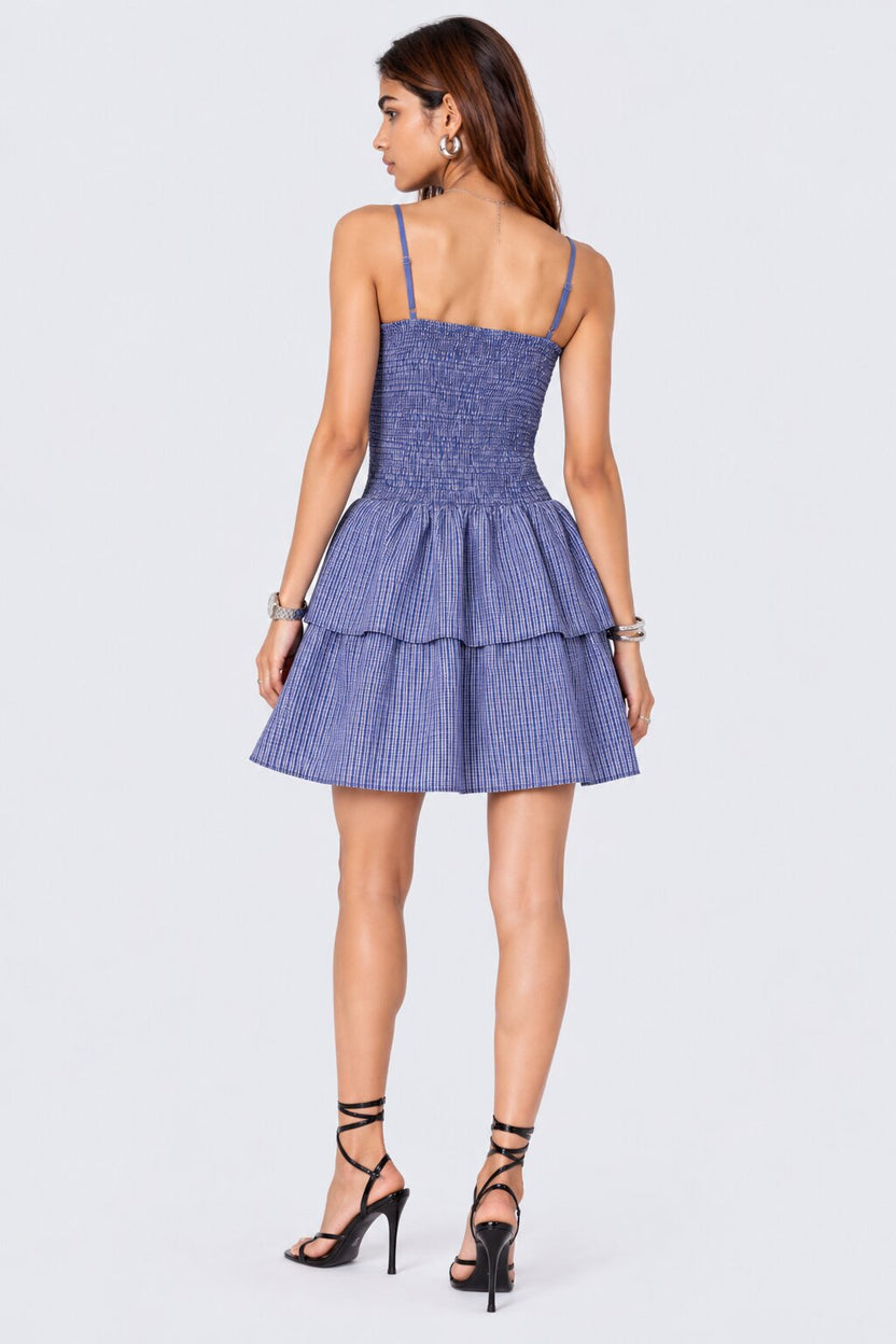 Womens Blue Smocked Tiered Mini Dress - Image 5