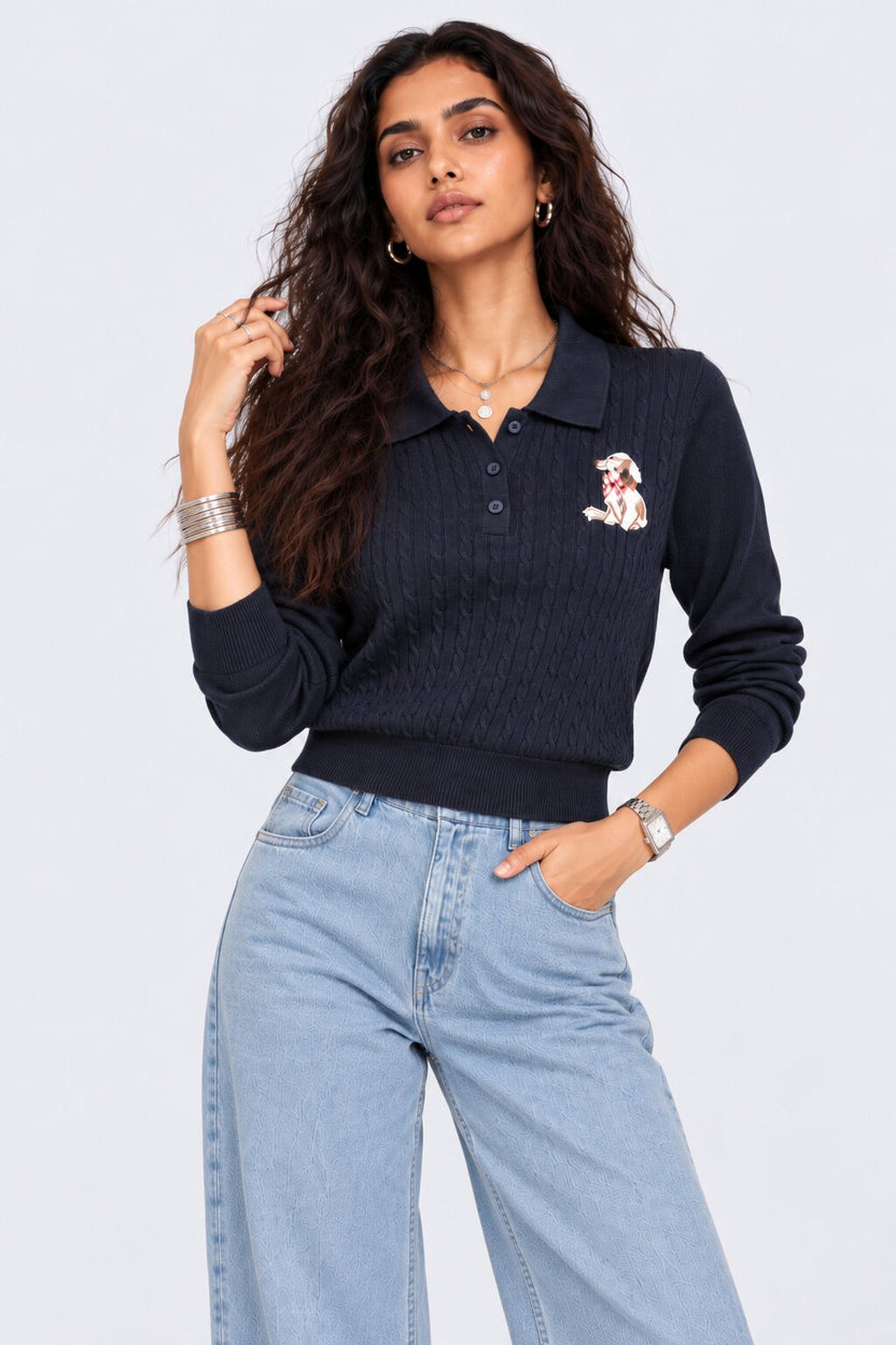Womens Navy Cable Knit Polo Sweater - Image 2