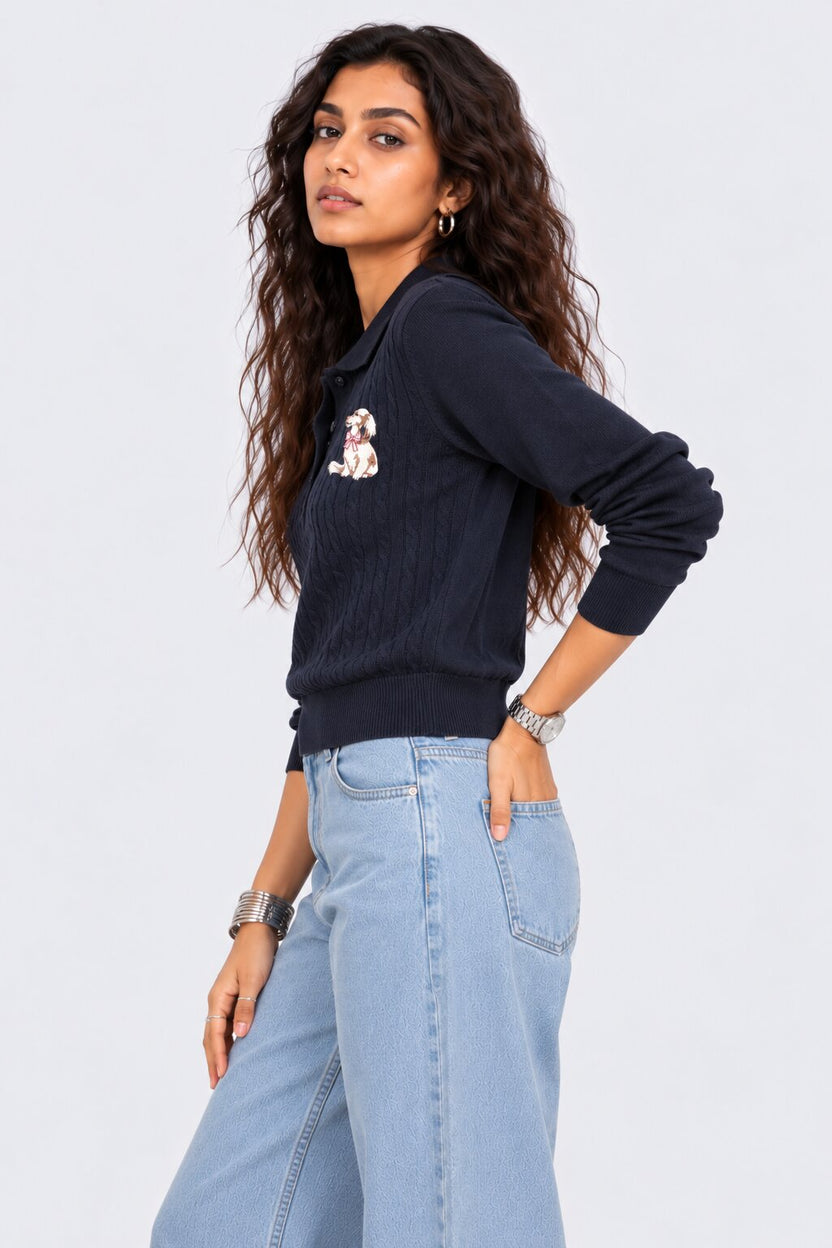 Womens Navy Cable Knit Polo Sweater - Image 4