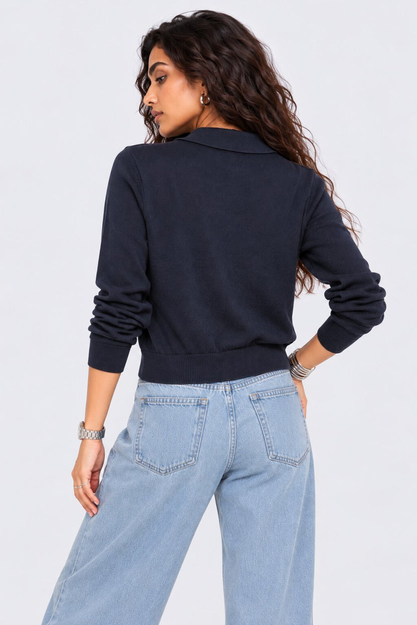 Womens Navy Cable Knit Polo Sweater - Image 5