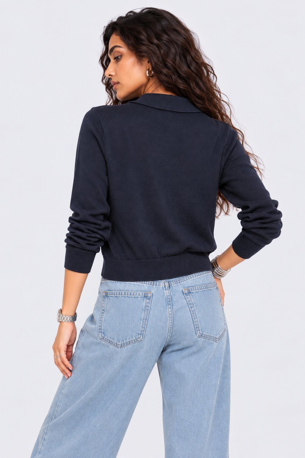 Womens Navy Cable Knit Polo Sweater - Image 5