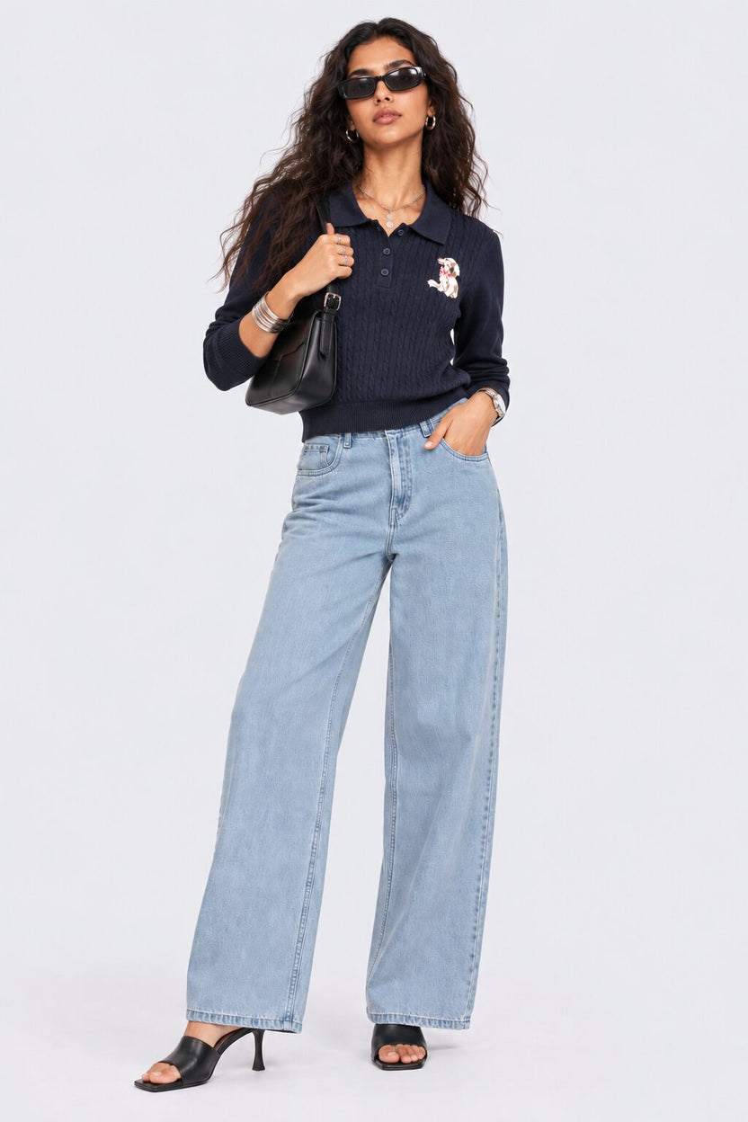Womens Navy Cable Knit Polo Sweater - Image 6