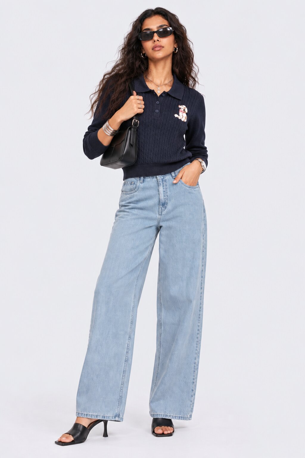 Womens Navy Cable Knit Polo Sweater - Image 6