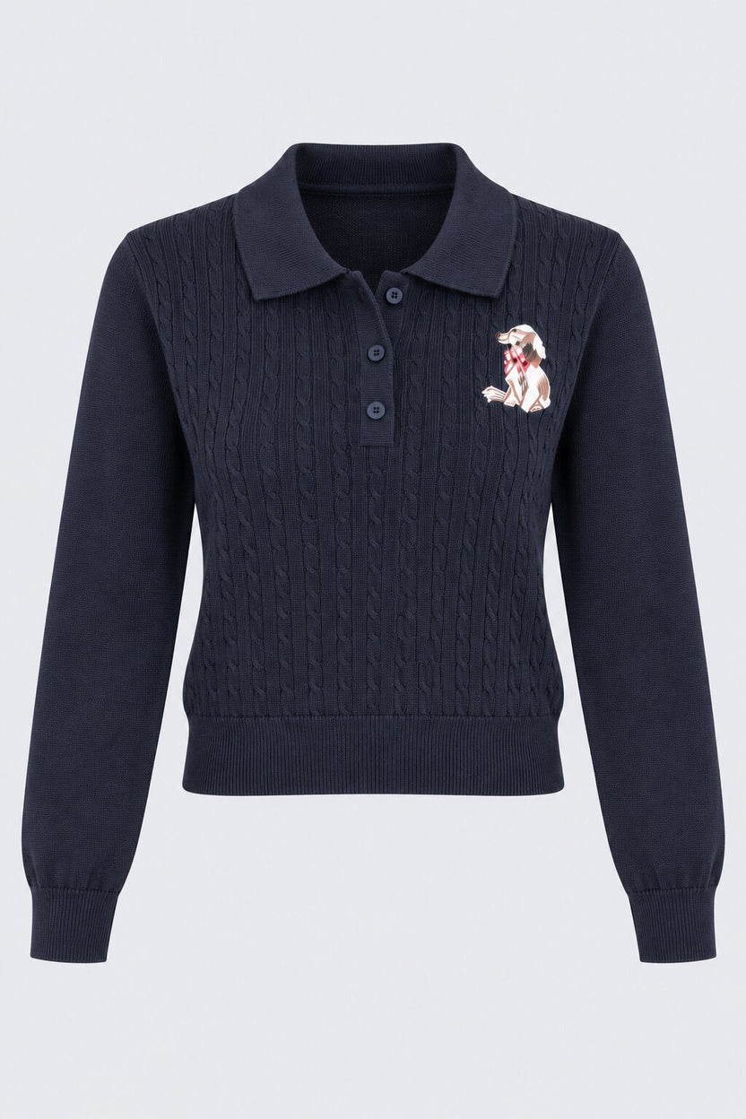 Womens Navy Cable Knit Polo Sweater - Image 7