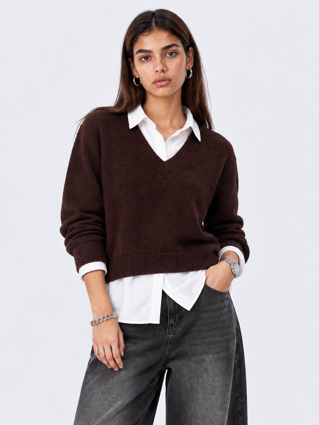 Womens Brown V-Neck Knit Sweater - Image 2