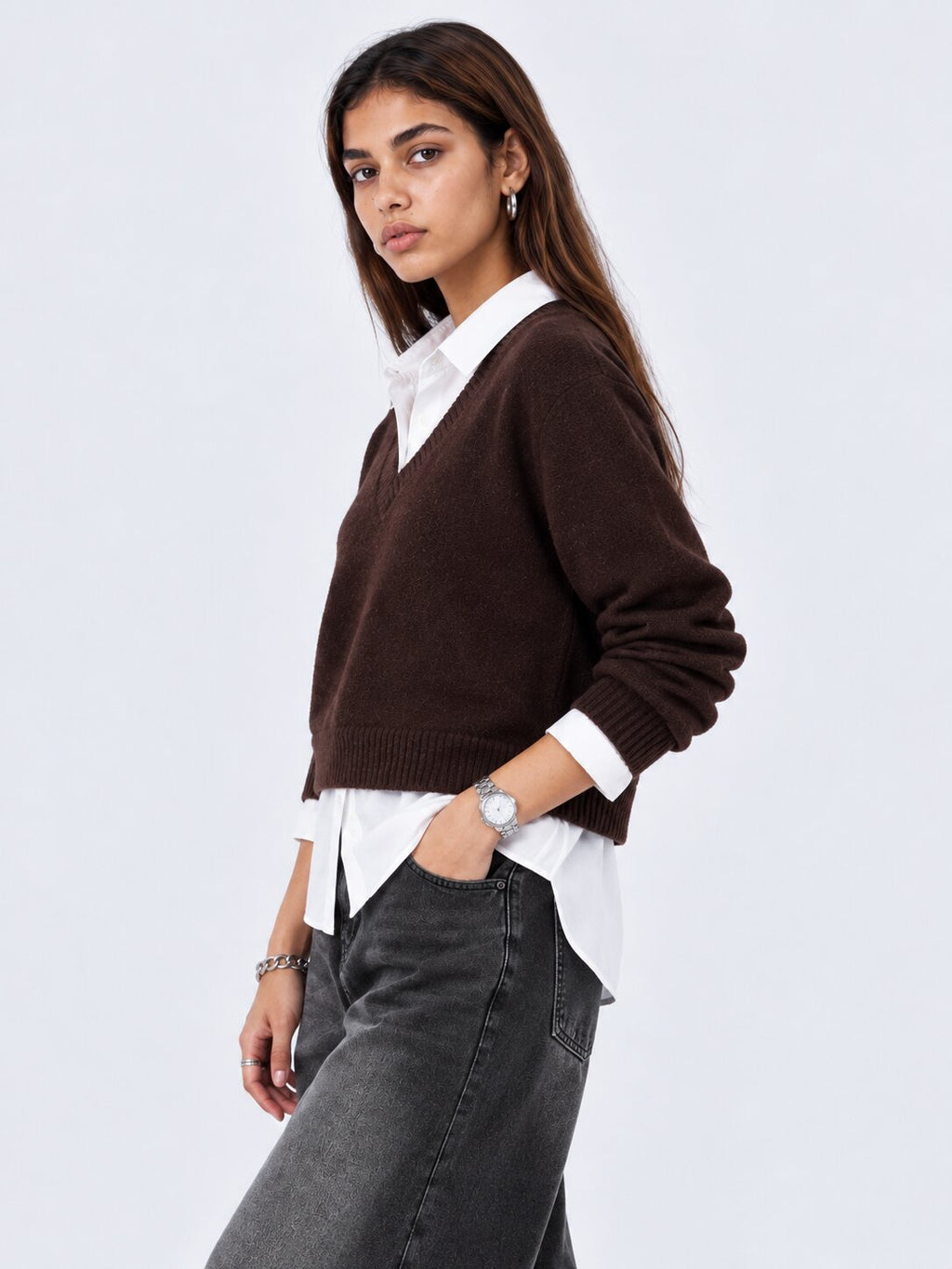 Womens Brown V-Neck Knit Sweater - Image 4