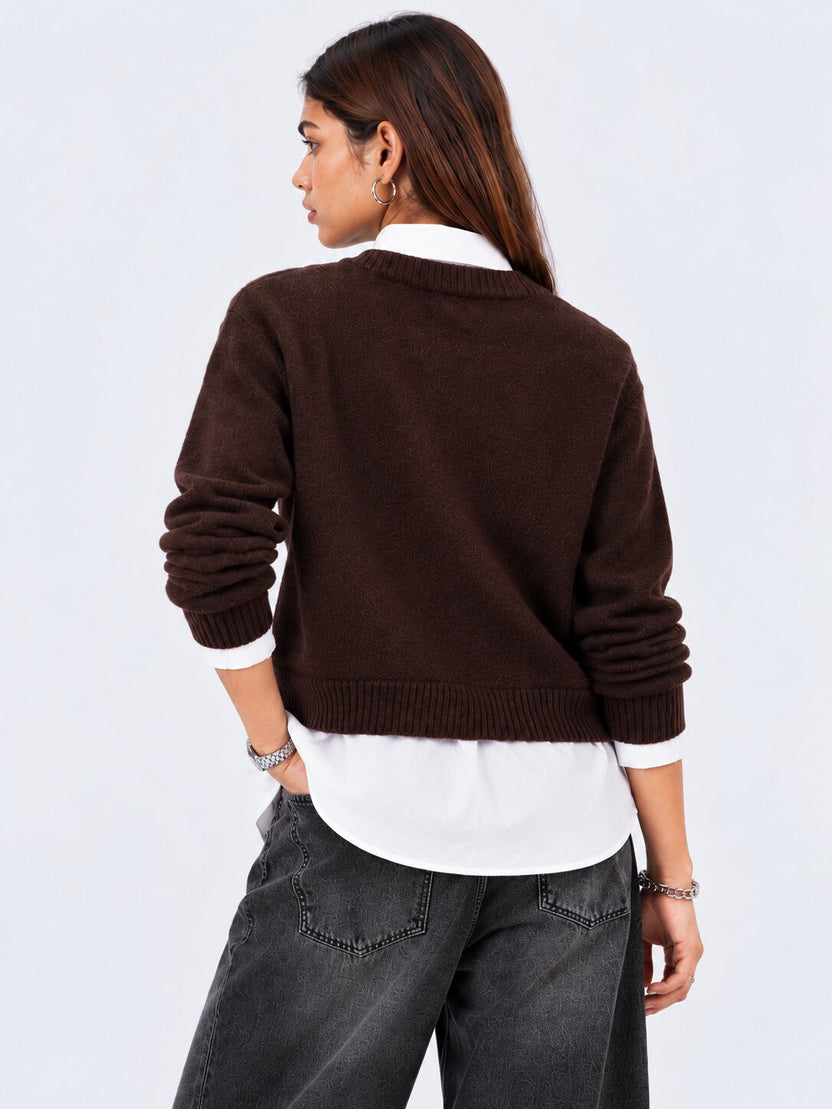 Womens Brown V-Neck Knit Sweater - Image 5