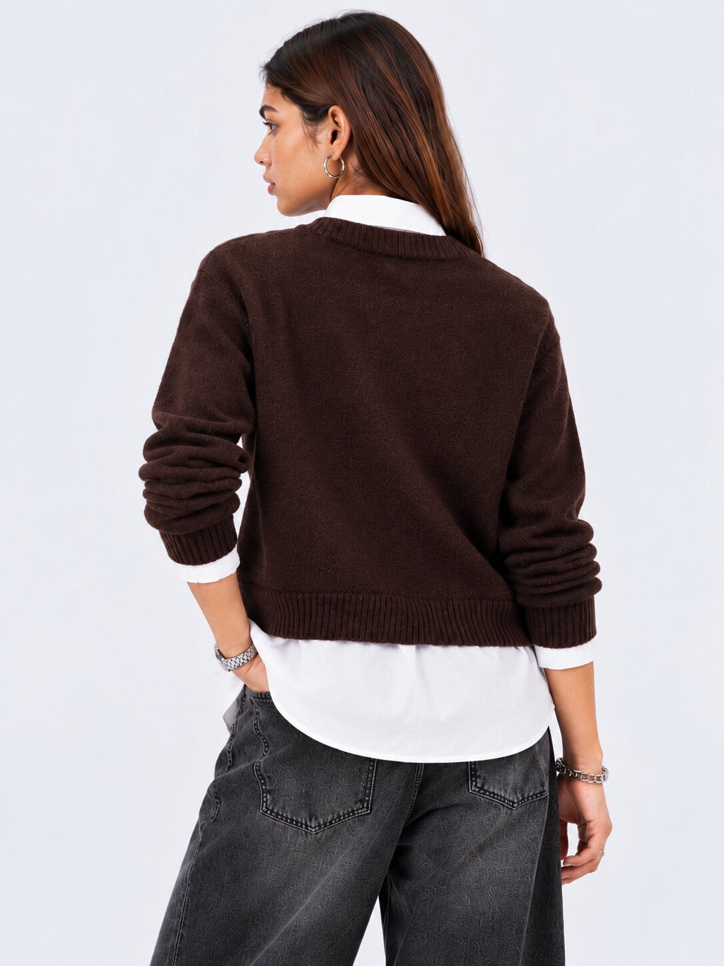Womens Brown V-Neck Knit Sweater - Image 5