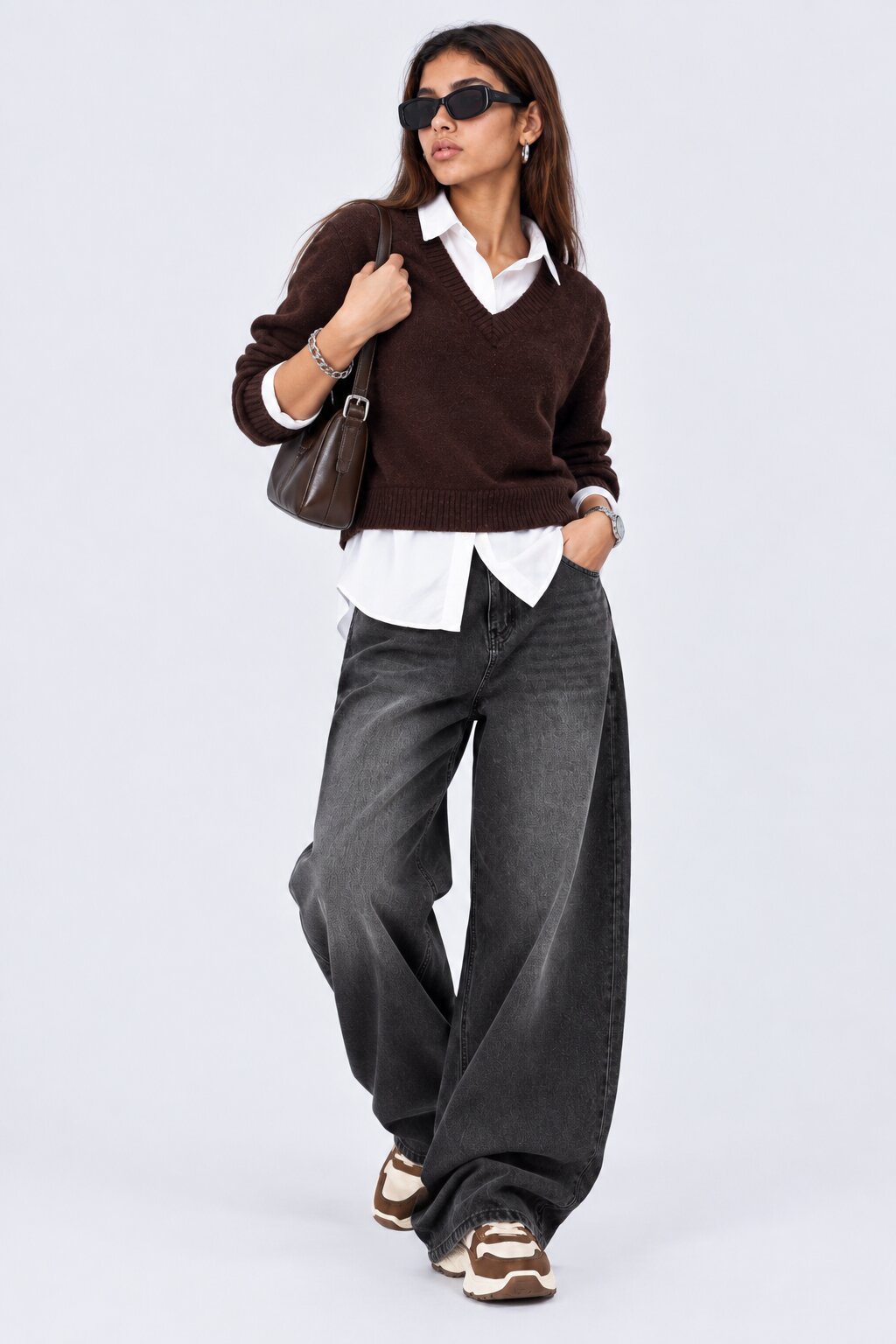 Womens Brown V-Neck Knit Sweater - Image 6