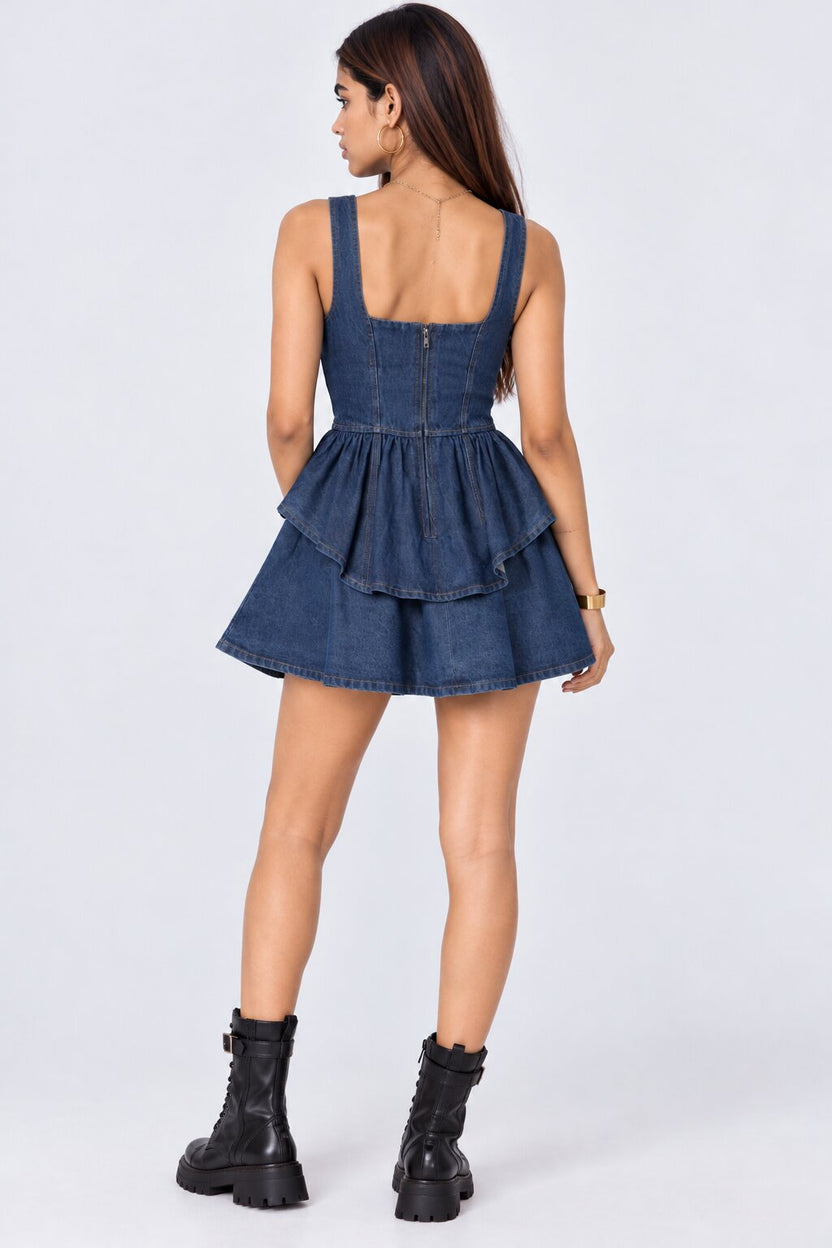 Womens Denim Tiered Flared Mini Dress - Image 4