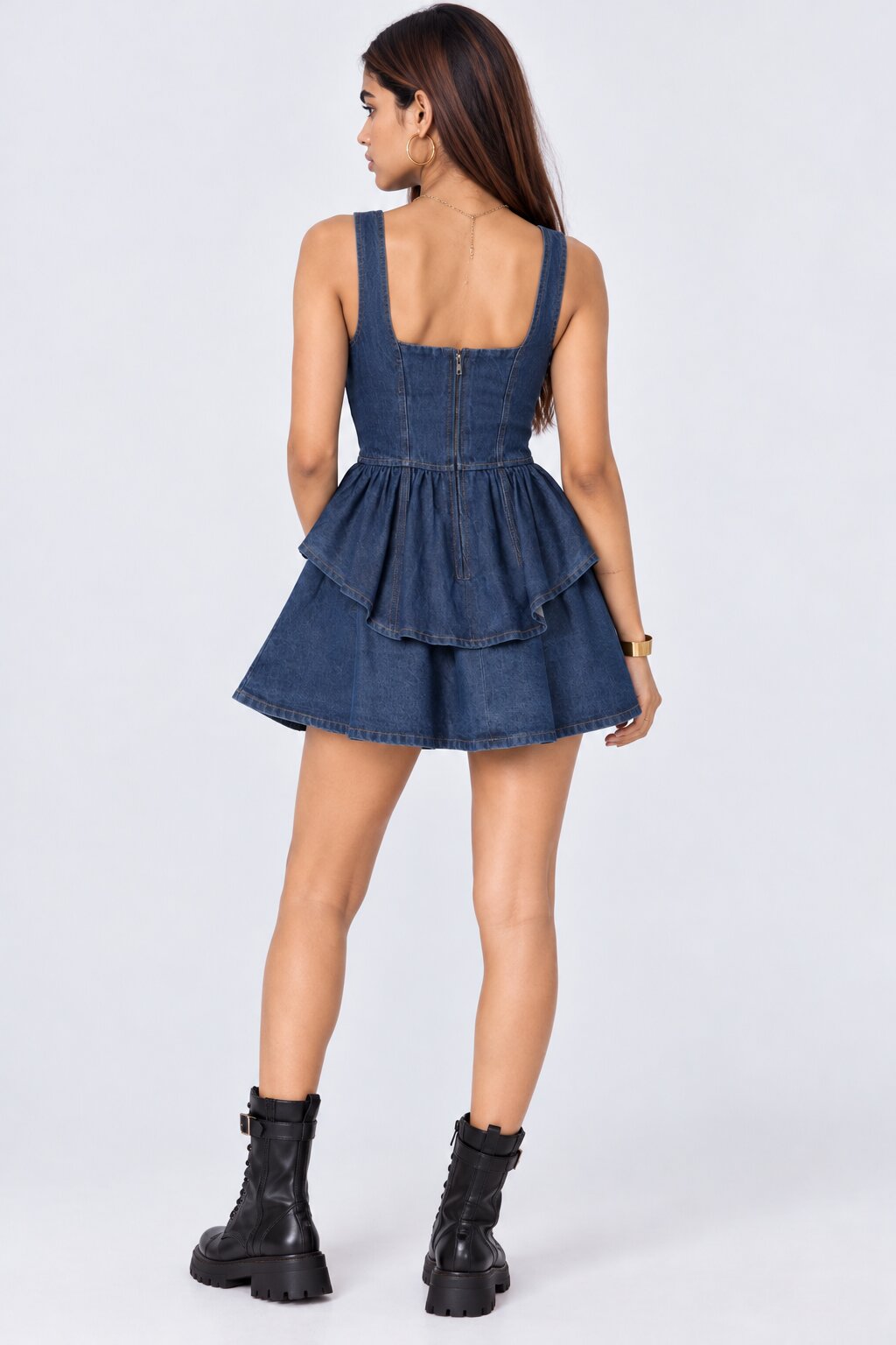 Womens Denim Tiered Flared Mini Dress - Image 4
