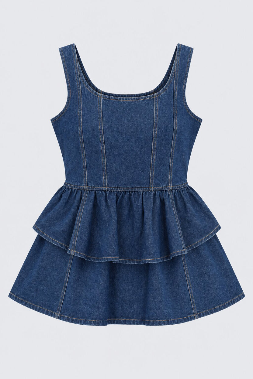 Womens Denim Tiered Flared Mini Dress - Image 6