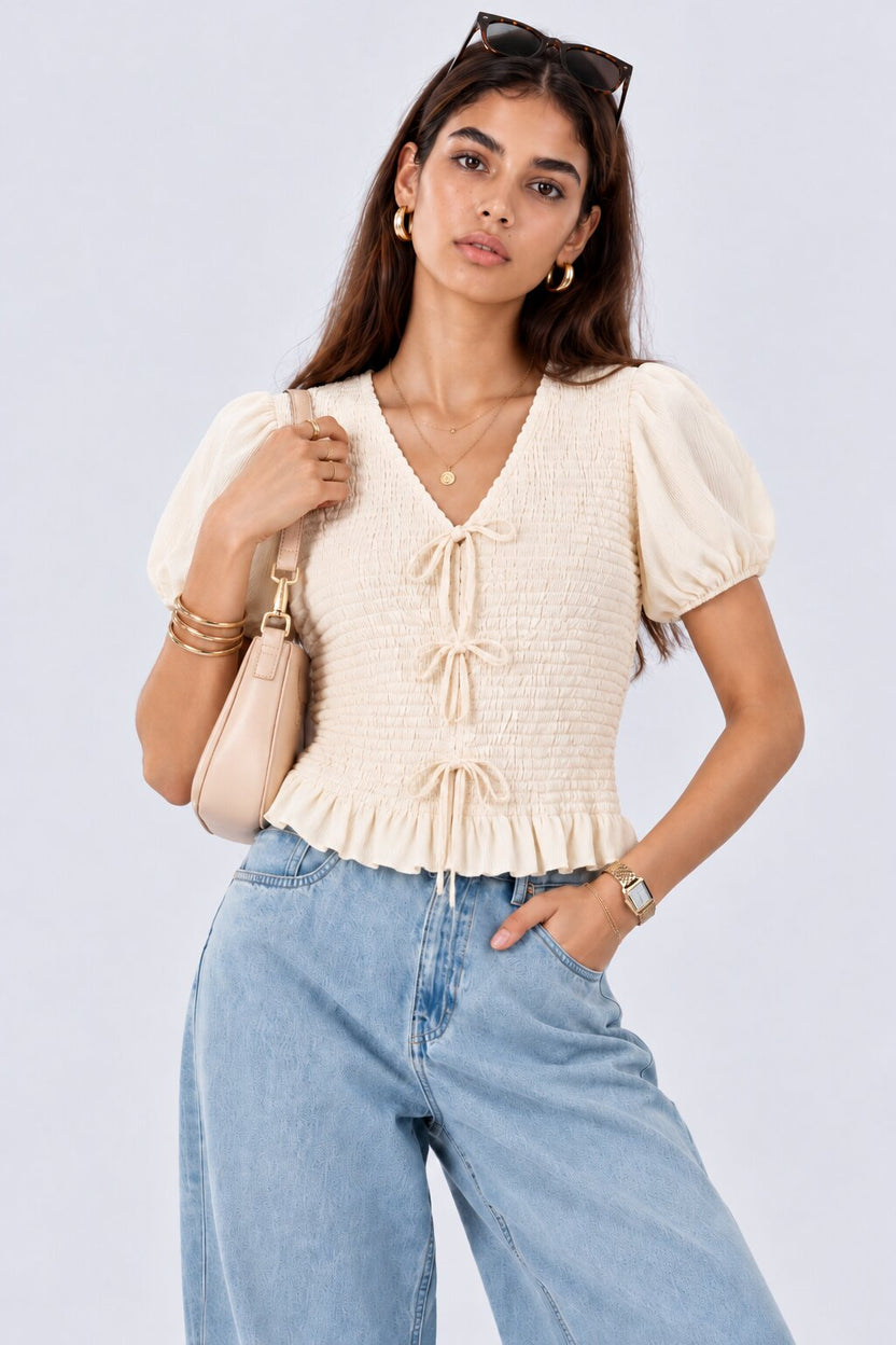 Womens Off White Smocked Puff Sleeve Top - Image 1