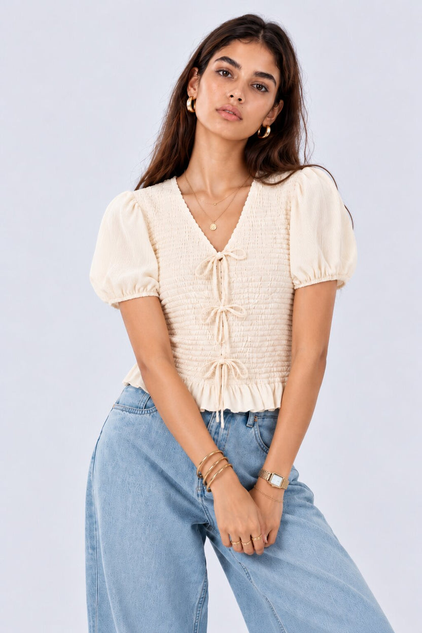 Womens Off White Smocked Puff Sleeve Top - Image 2