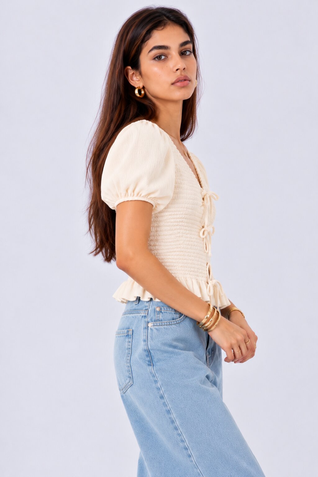 Womens Off White Smocked Puff Sleeve Top - Image 4