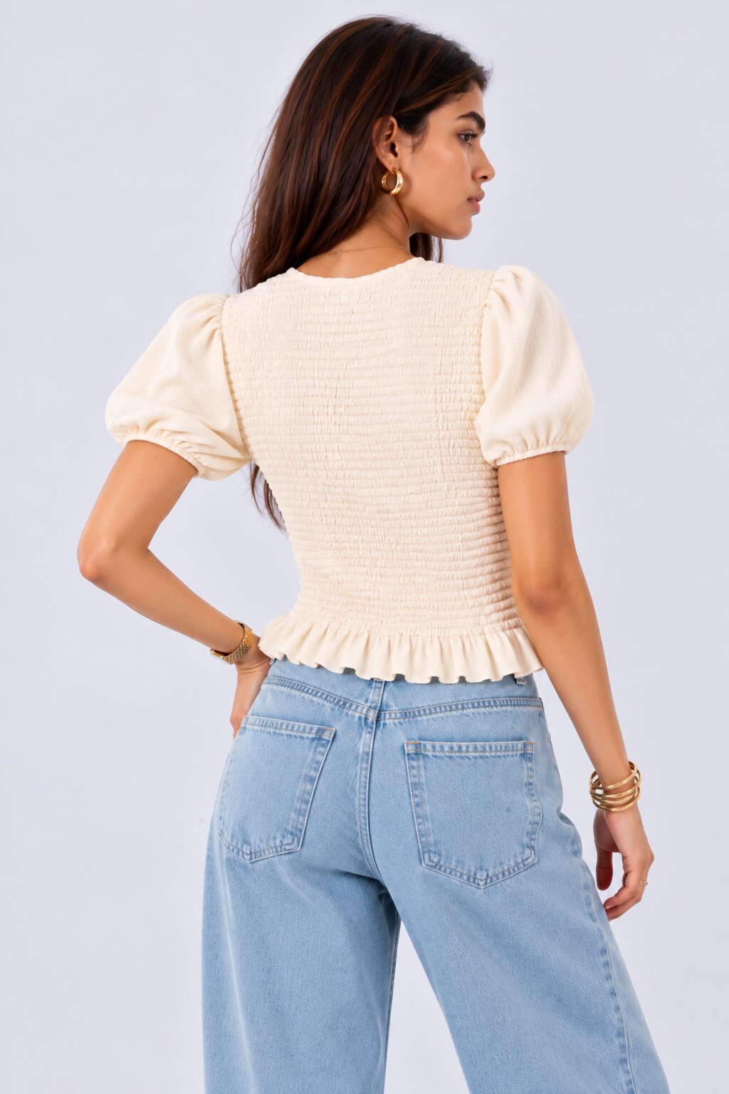 Womens Off White Smocked Puff Sleeve Top - Image 5
