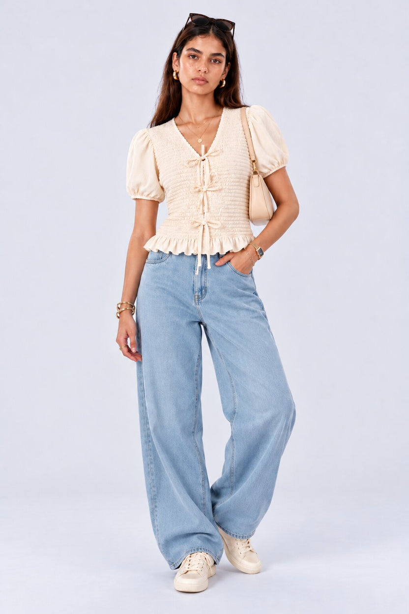 Womens Off White Smocked Puff Sleeve Top - Image 6