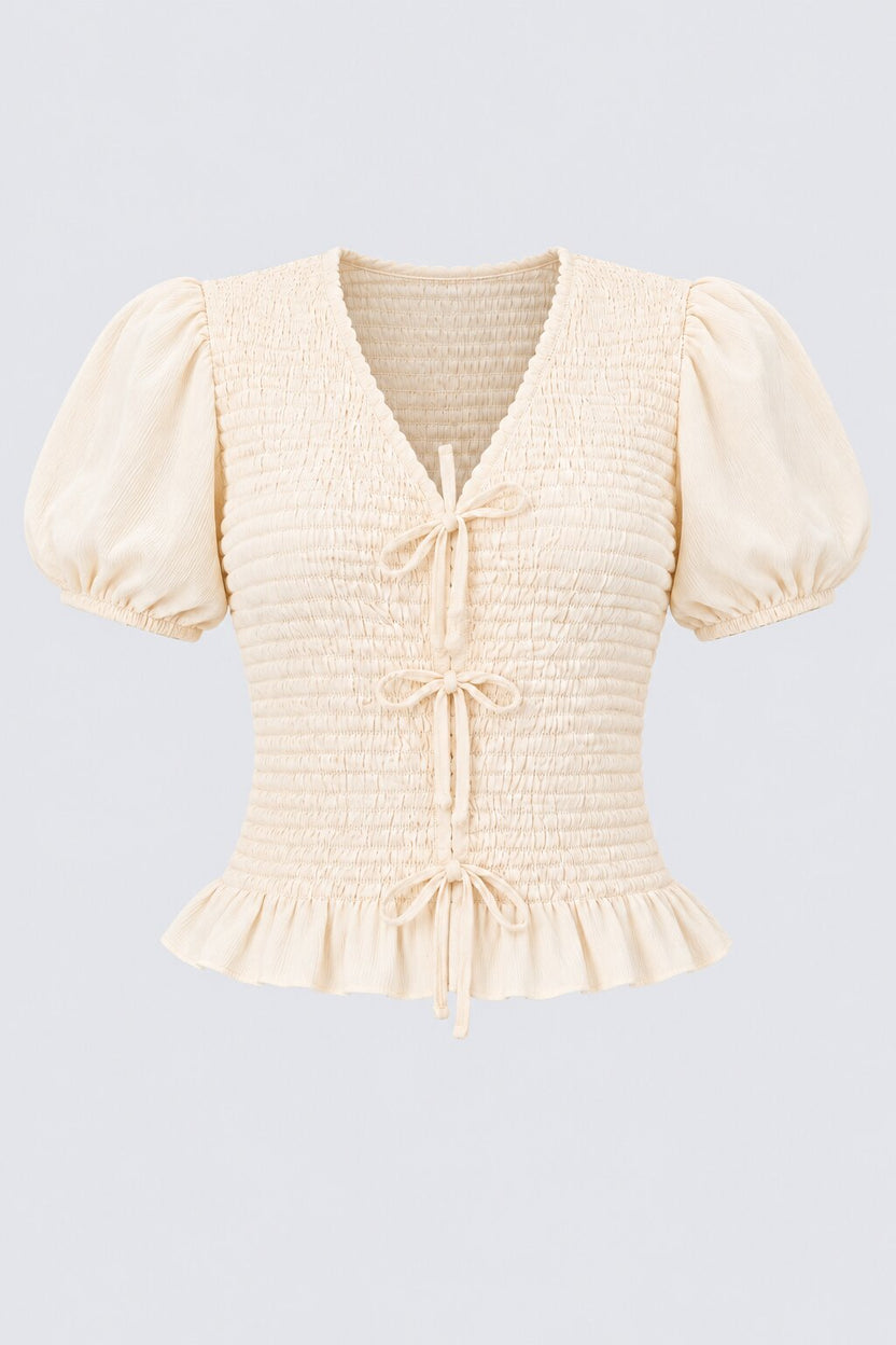 Womens Off White Smocked Puff Sleeve Top - Image 7