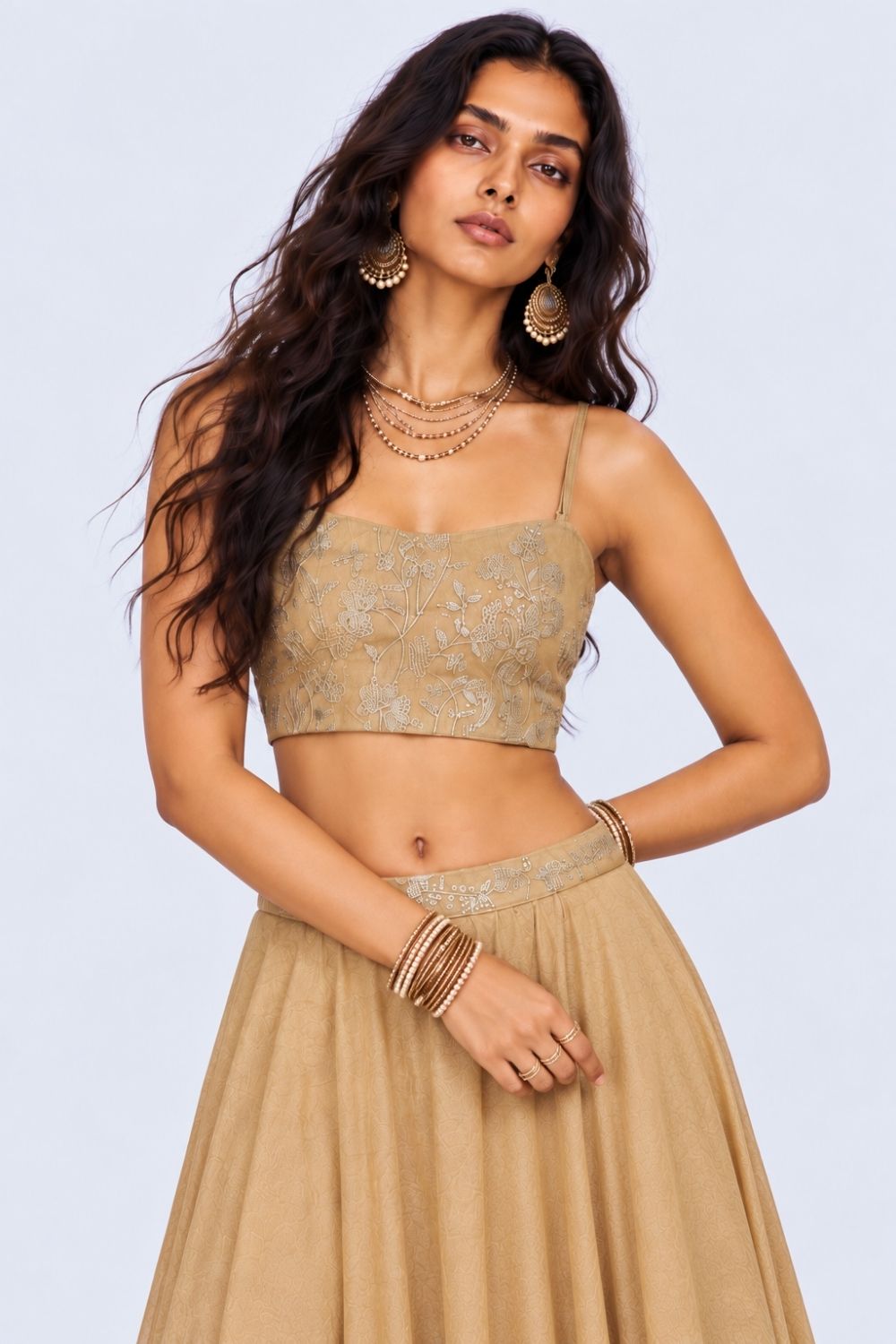 Womens Beige Embroidered Crop Top - Image 2