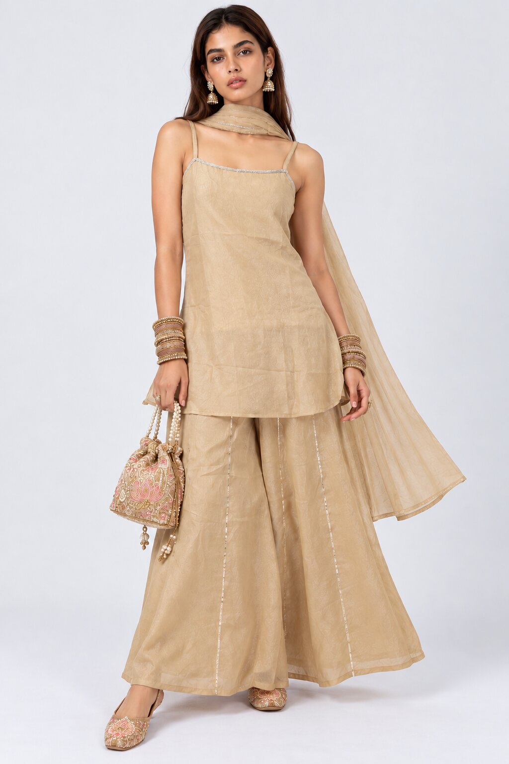 Womens Beige Embellished Flared Kurta Palazzo Set - Image 1