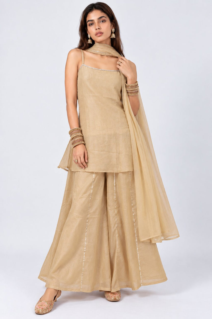 Womens Beige Embellished Flared Kurta Palazzo Set - Image 2