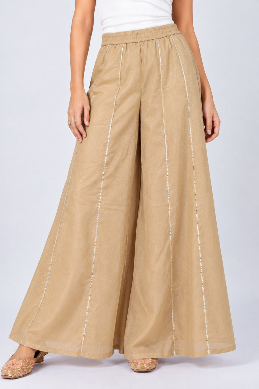 Womens Beige Embellished Flared Kurta Palazzo Set - Image 4