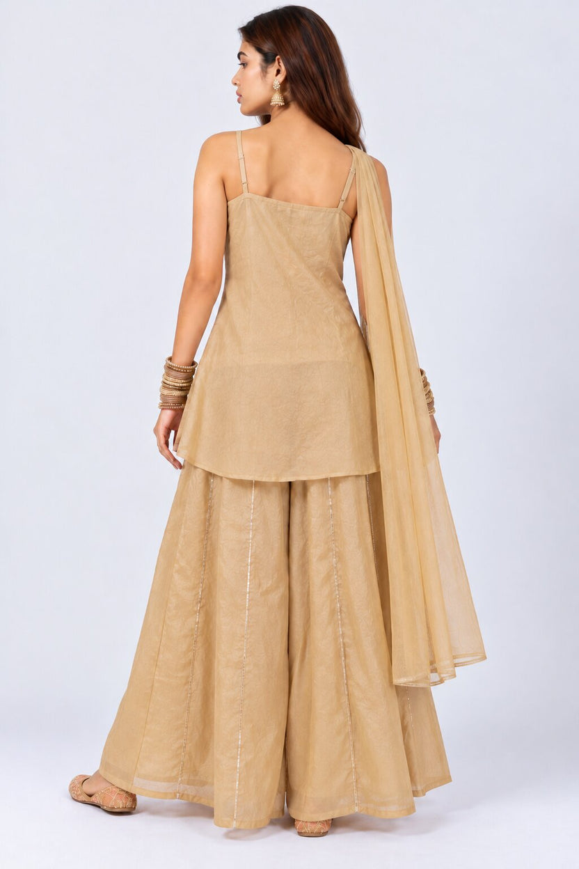 Womens Beige Embellished Flared Kurta Palazzo Set - Image 5