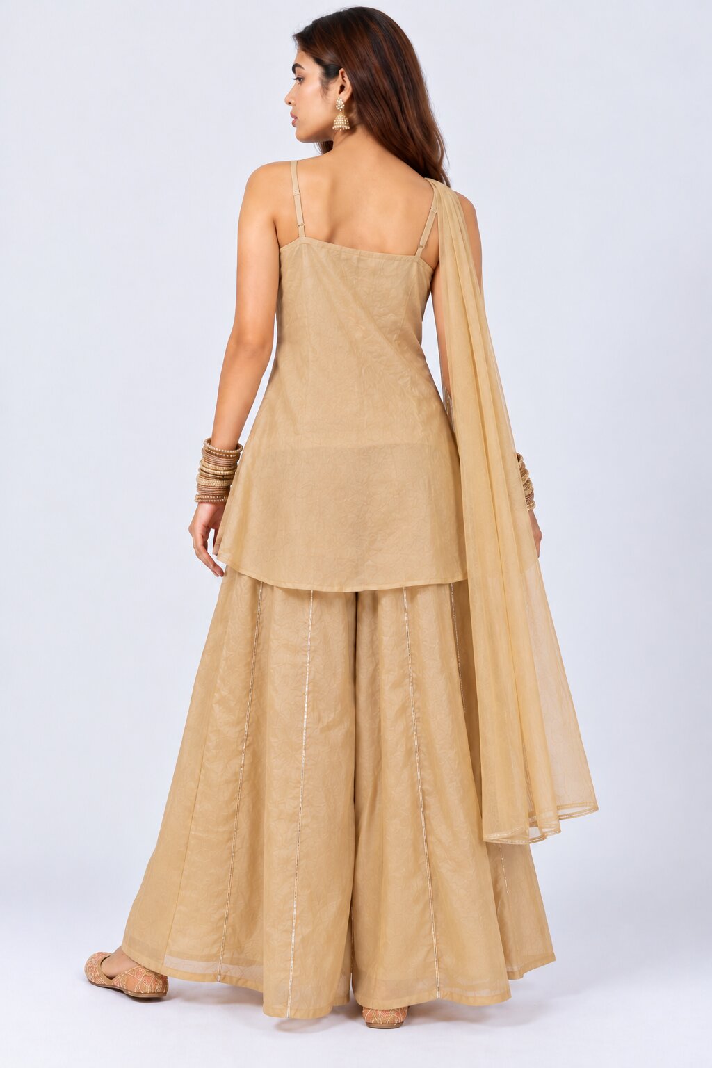 Womens Beige Embellished Flared Kurta Palazzo Set - Image 5