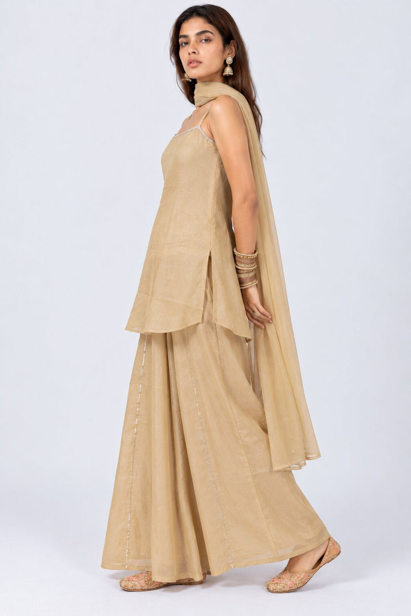 Womens Beige Embellished Flared Kurta Palazzo Set - Image 6