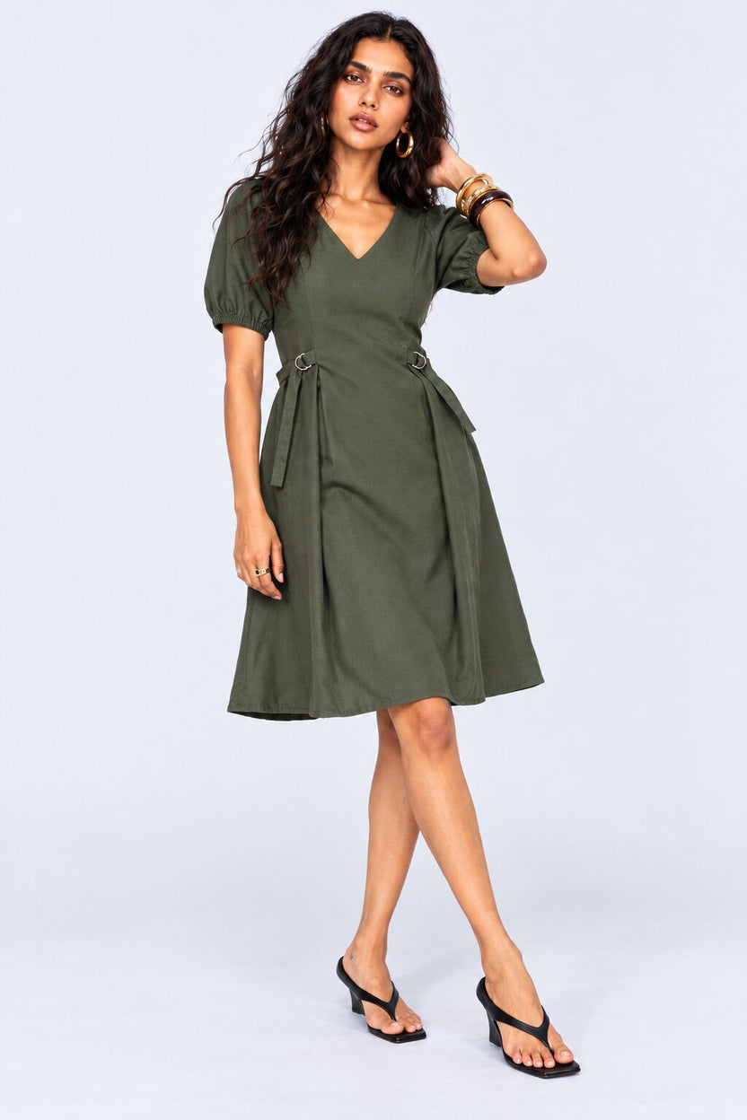Womens Olive Green Puff Sleeve Midi Dress - Image 2