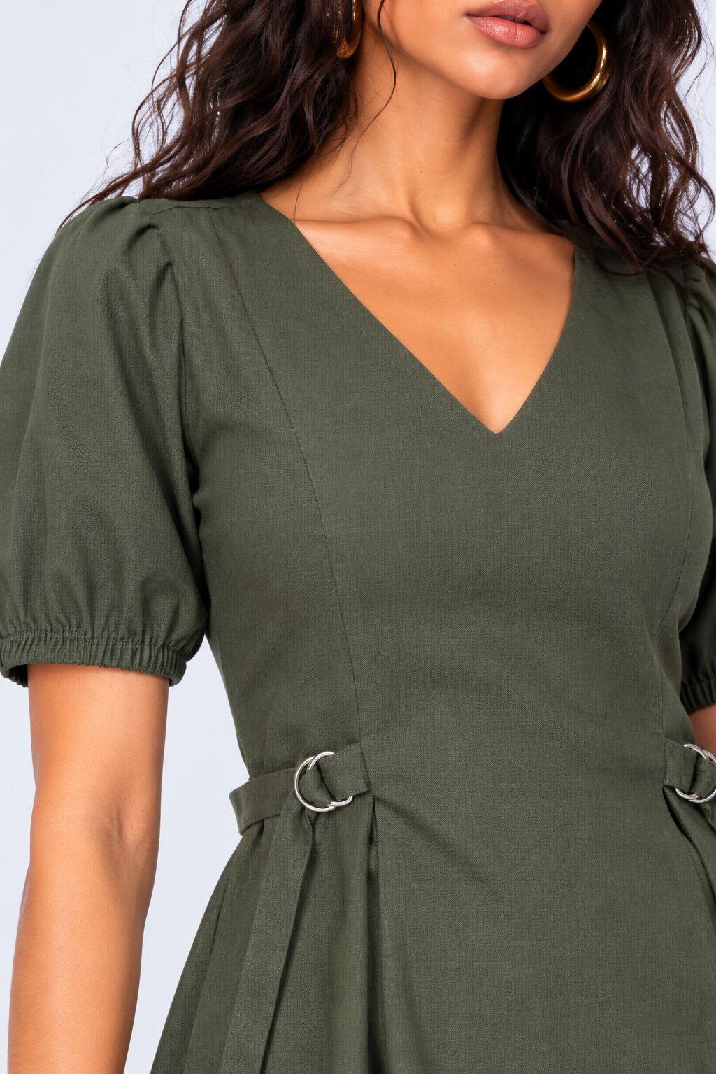 Womens Olive Green Puff Sleeve Midi Dress - Image 3