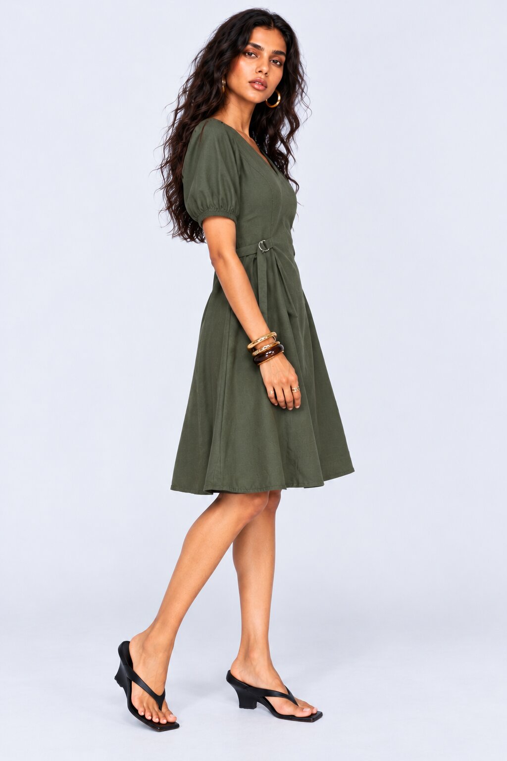 Womens Olive Green Puff Sleeve Midi Dress - Image 4