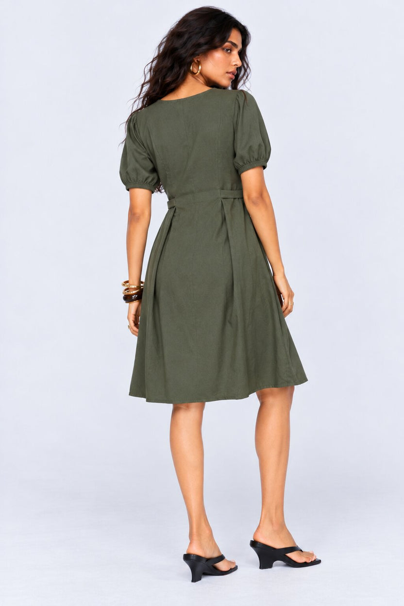 Womens Olive Green Puff Sleeve Midi Dress - Image 5