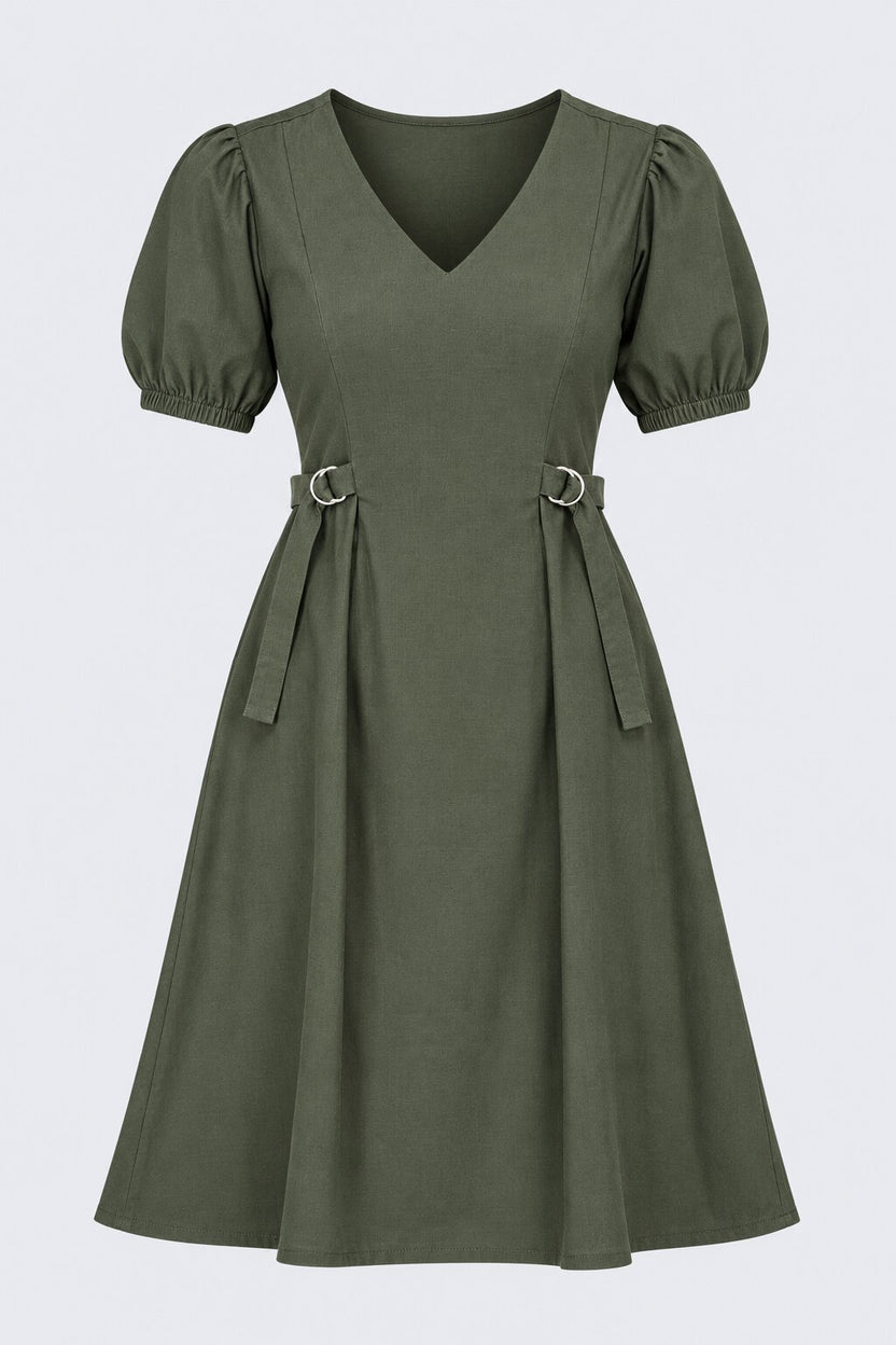 Womens Olive Green Puff Sleeve Midi Dress - Image 7