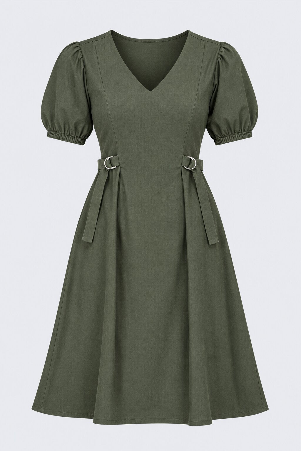 Womens Olive Green Puff Sleeve Midi Dress - Image 7