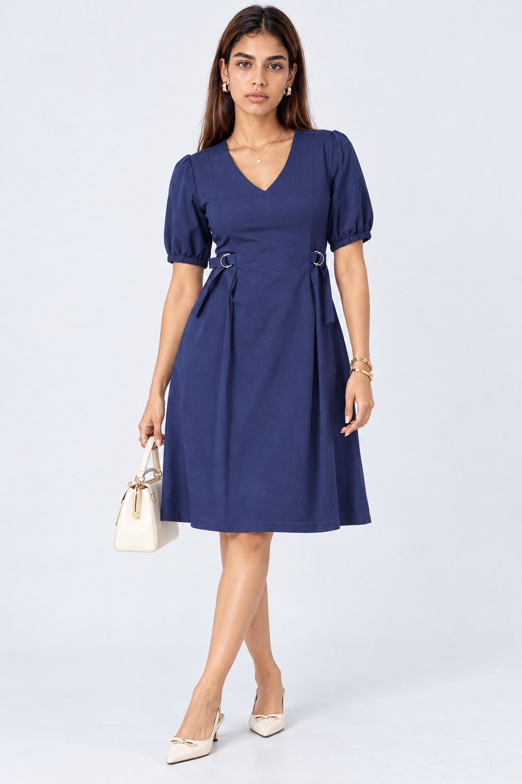 Womens Blue Puff Sleeve Midi Dress - Image 1