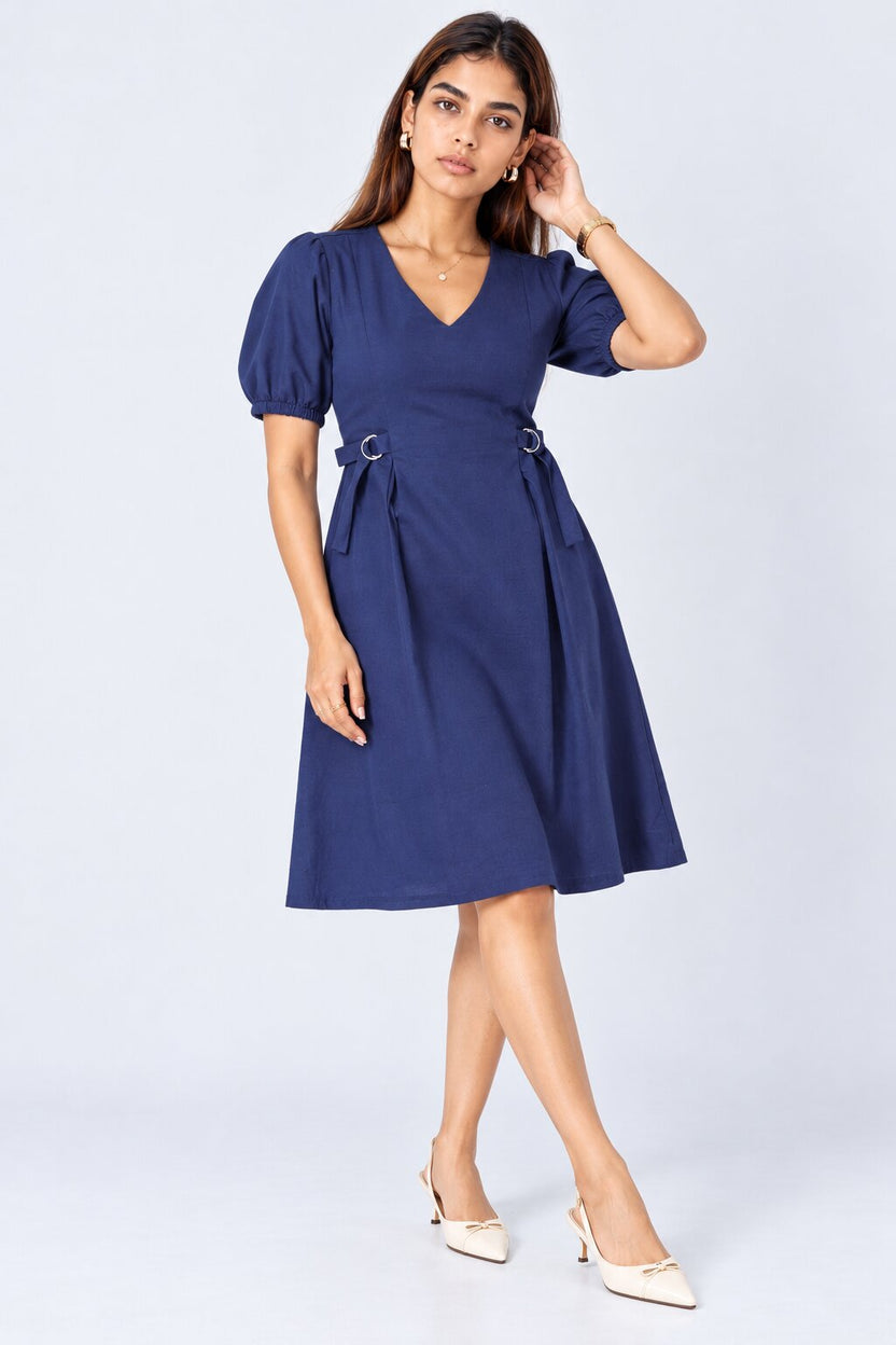 Womens Blue Puff Sleeve Midi Dress - Image 2