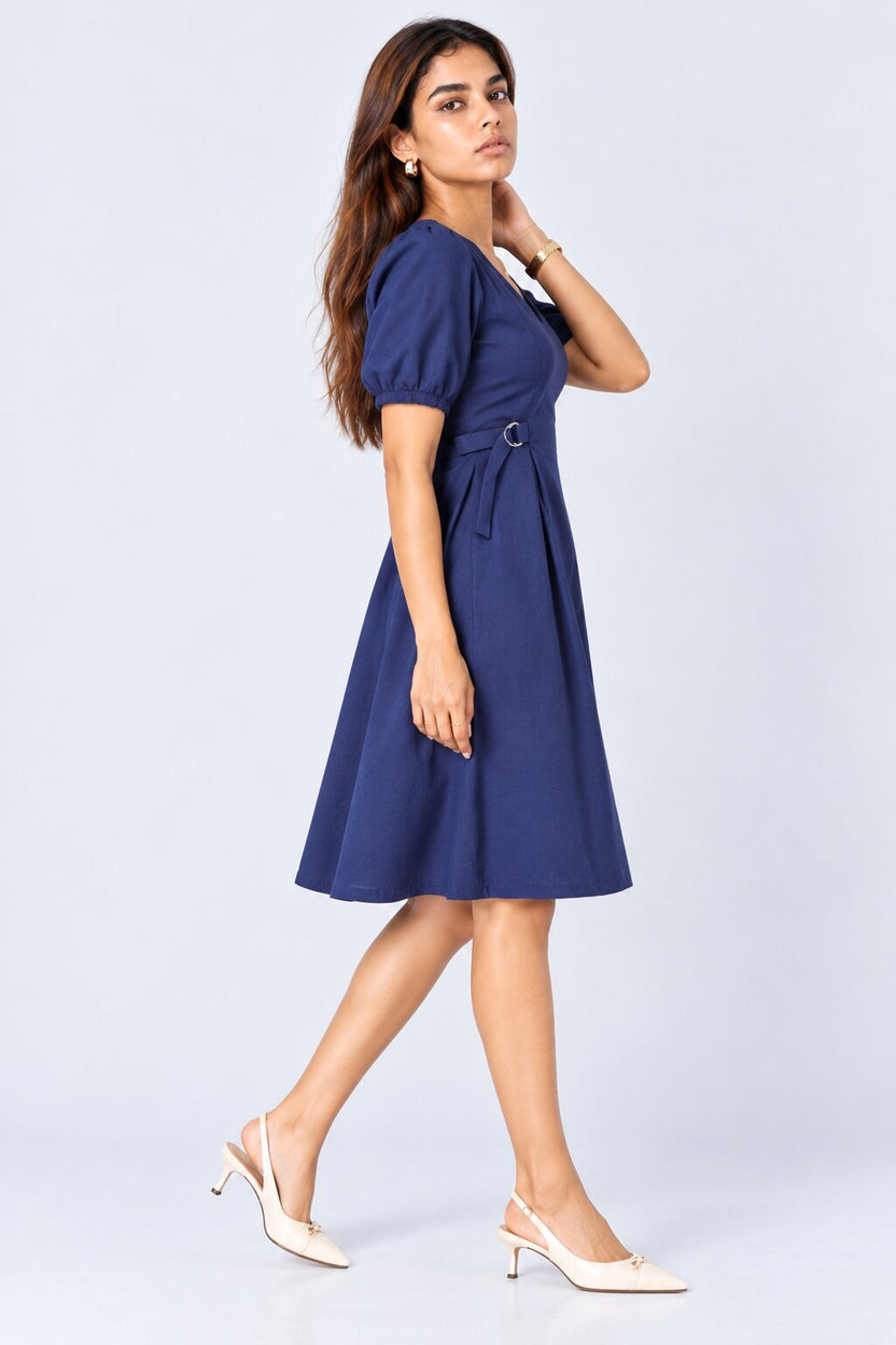 Womens Blue Puff Sleeve Midi Dress - Image 4