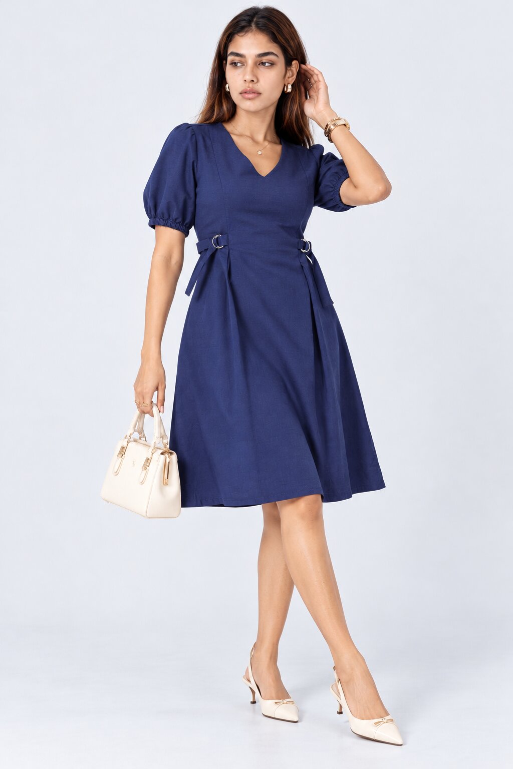 Womens Blue Puff Sleeve Midi Dress - Image 6