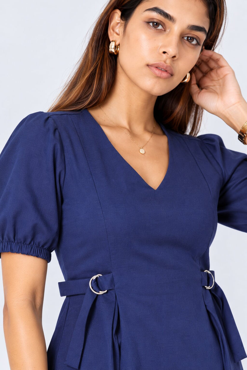 Womens Blue Puff Sleeve Midi Dress - Image 9