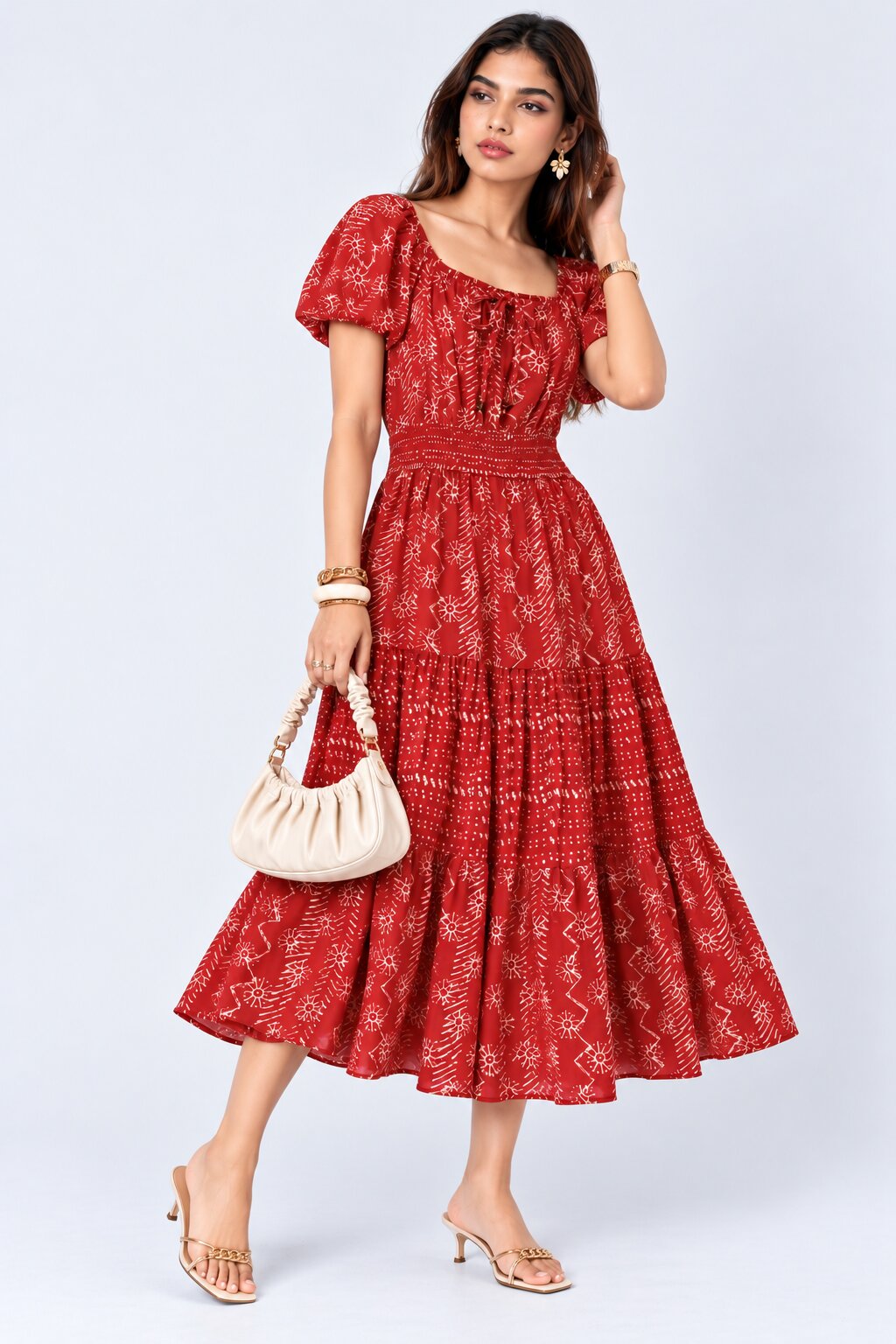 Womens Maroon Printed Tiered Midi Dress - Image 1
