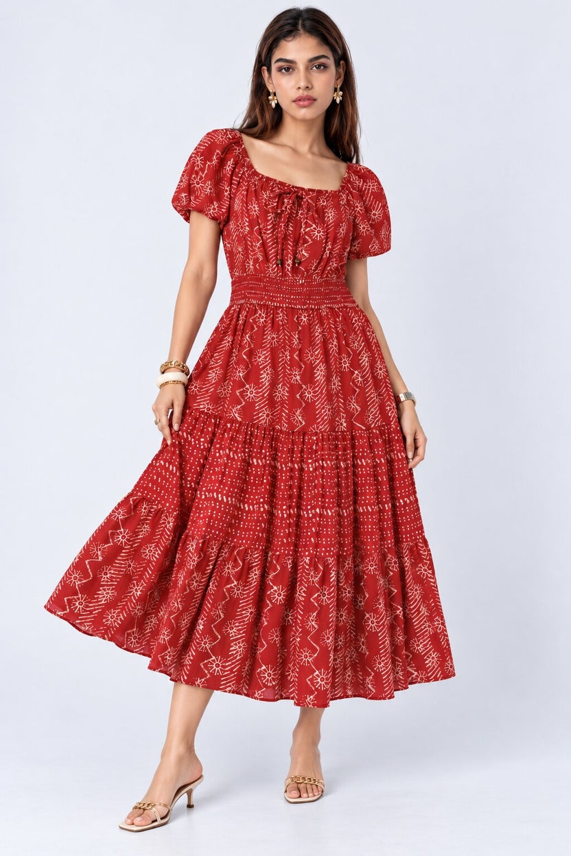 Womens Maroon Printed Tiered Midi Dress - Image 2