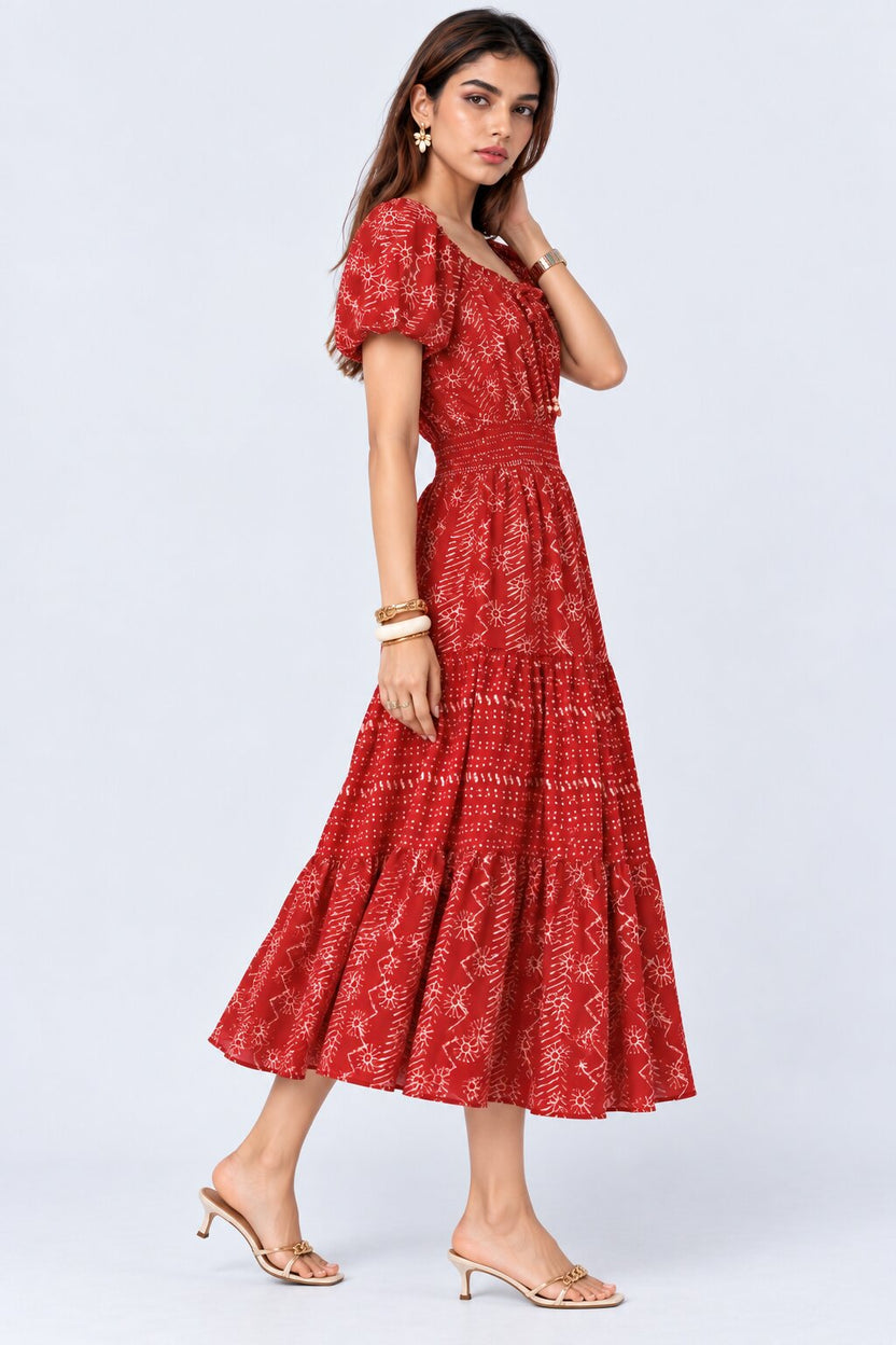 Womens Maroon Printed Tiered Midi Dress - Image 4