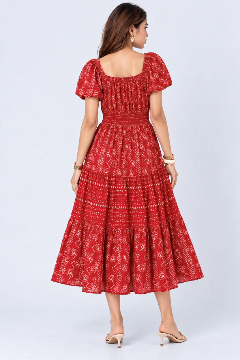 Womens Maroon Printed Tiered Midi Dress - Image 5