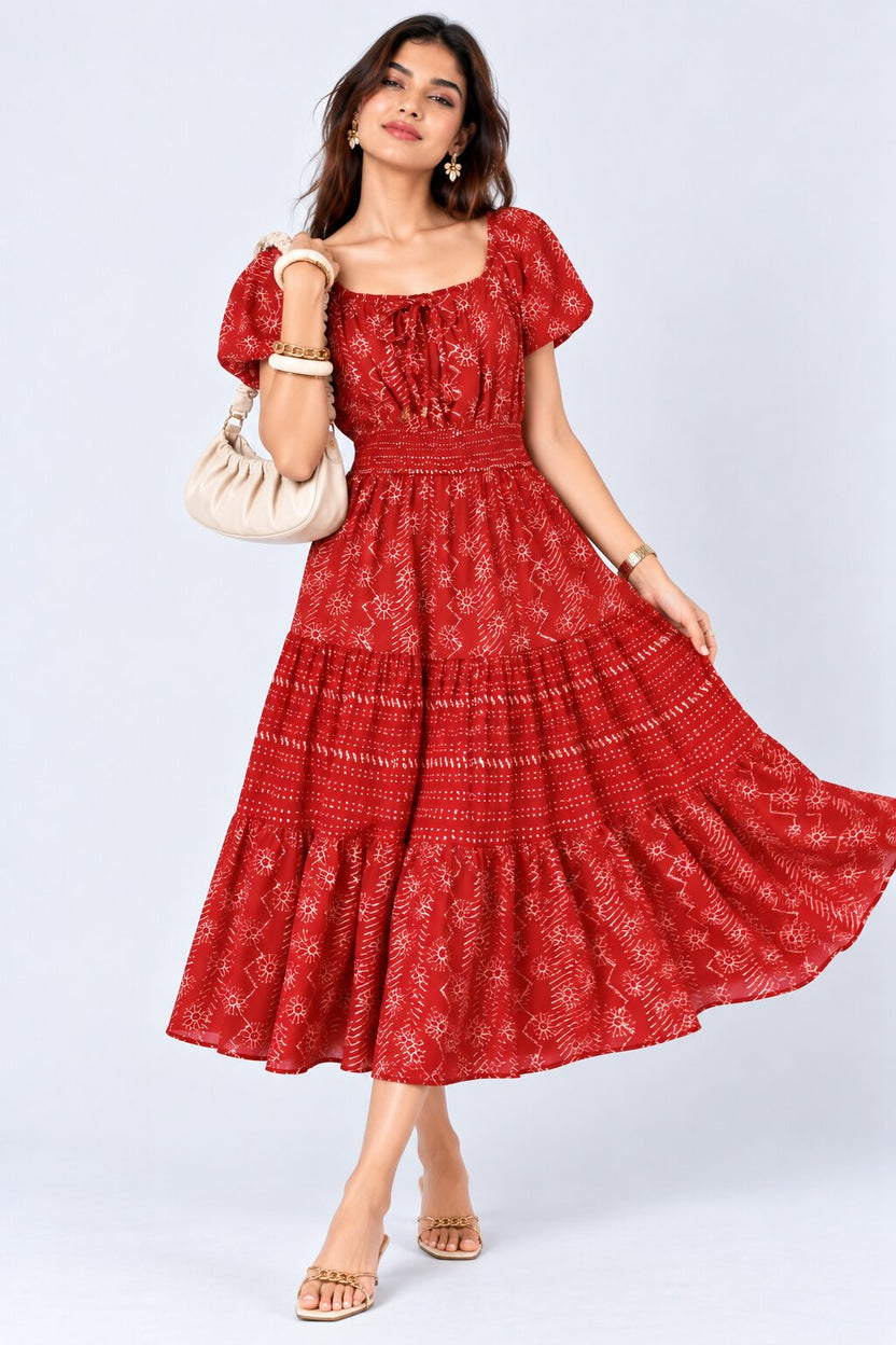 Womens Maroon Printed Tiered Midi Dress - Image 6