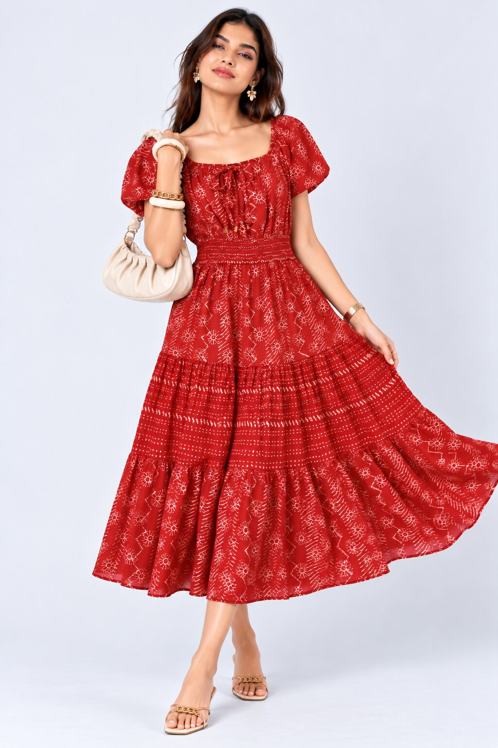 Womens Maroon Printed Tiered Midi Dress - Image 6