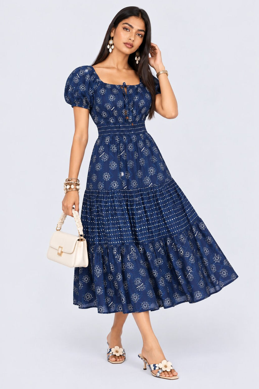 Womens Navy Printed Tiered Midi Dress - Image 1