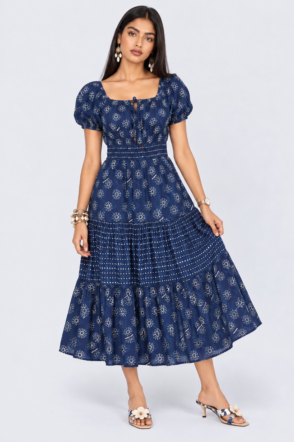 Womens Navy Printed Tiered Midi Dress - Image 2