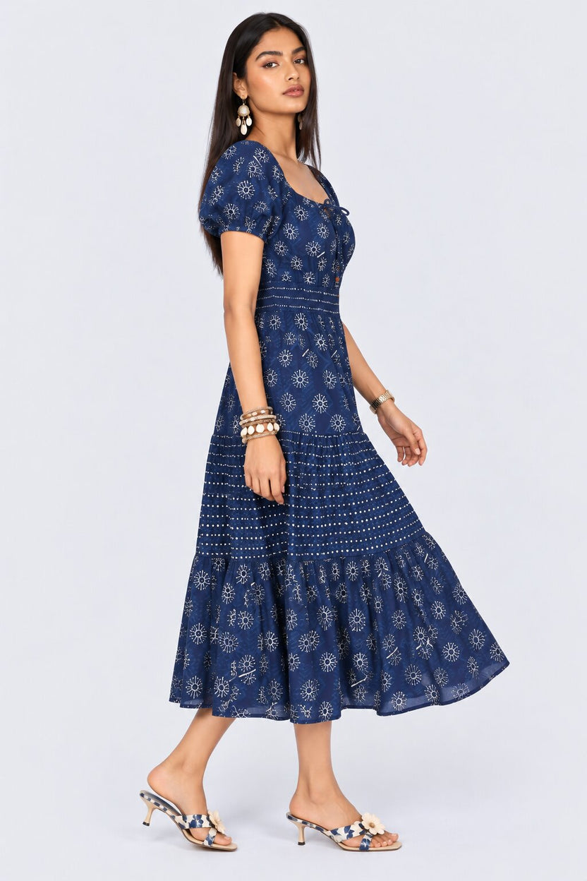Womens Navy Printed Tiered Midi Dress - Image 4
