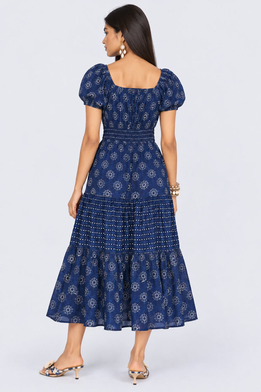 Womens Navy Printed Tiered Midi Dress - Image 5